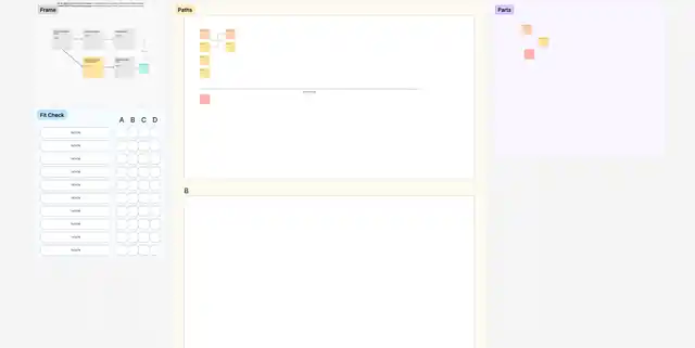 Team Shaping Playing Field FigJam board with Frame, Fit Check, Paths, and Parts areas